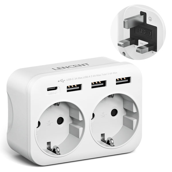 EU to UK Travel Adapter with 2 AC Outlets, 3 USB Ports, and 1 Type-C