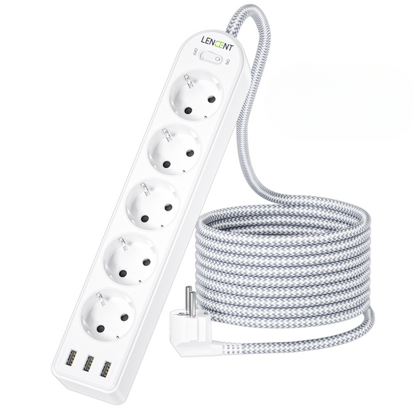 EU Power Strip with 5 Outlets and 3 USB Ports